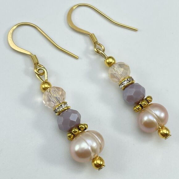 18K Gold Plated Freshwater Pearl Glass Beaded Dangle Earrings Bridal Cute Unique - Picture 2 of 6